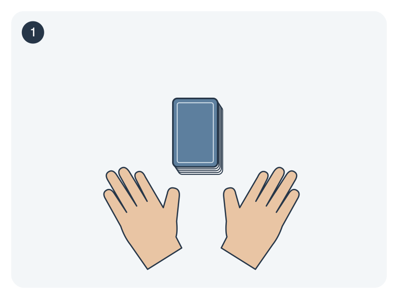 Schematic diagram: a face-down card stack rests on a clear tabletop with two hands approaching from the lower sides.
